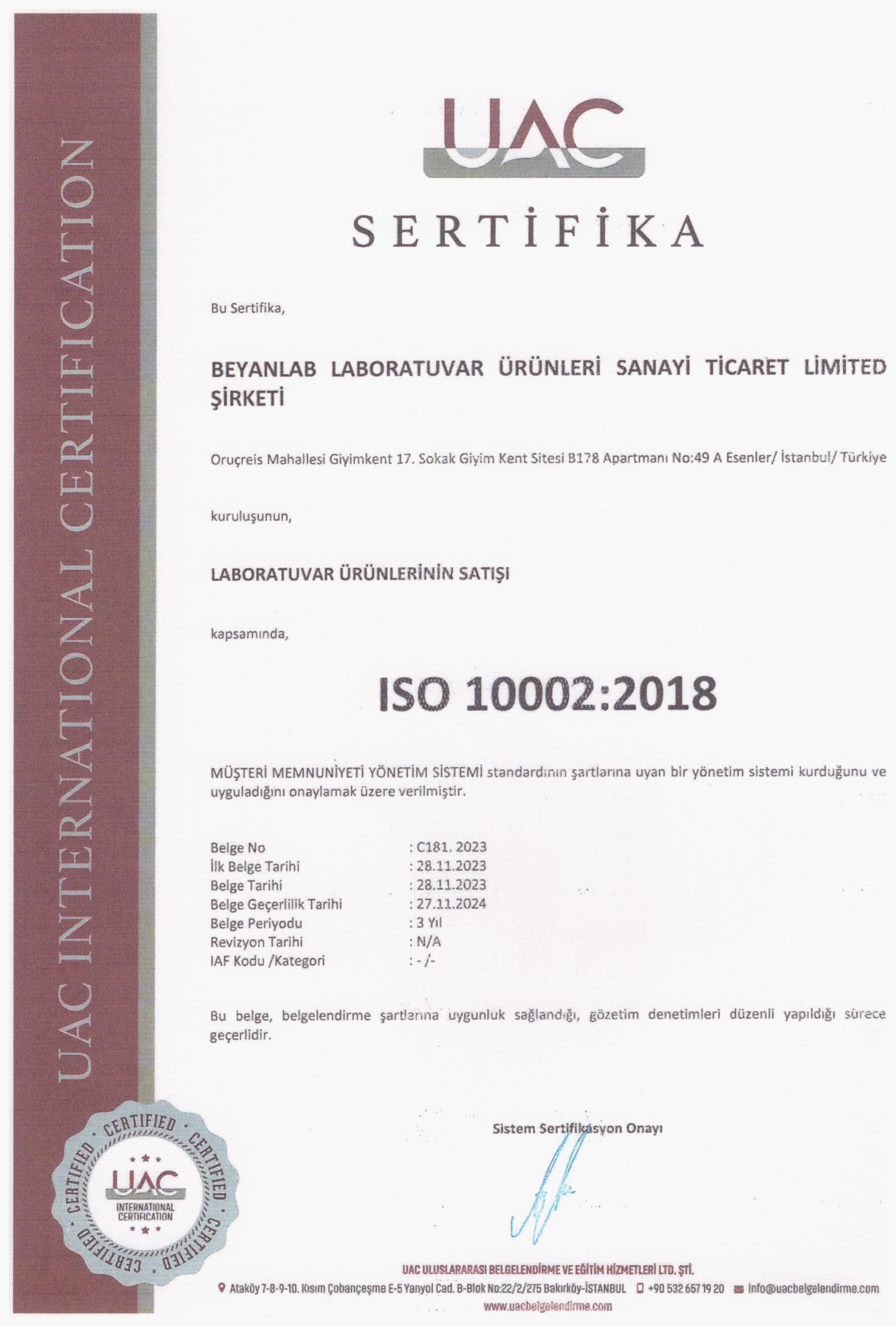 ISO 10002 2018 SERTİFİKA TR